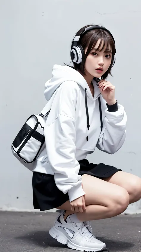 A girl with short hair and sporty clothes、Stylish white hoodie、Black Mini Skirt、Thick-soled shoes、White background、Headphones around the neck、Hanging a shoulder bag