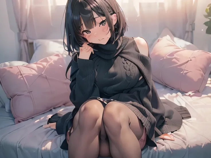 ultra-detailed、(8k, RAW photo, best quality, masterpiece:1.2), (extremely detailed 8k wallpaper),professional lighting,sharp focus, depth of field,((beautiful 1 women)),(gal),((((face close up)))),(((A very large, baggy, oversized black sweater、pantyhose,c...