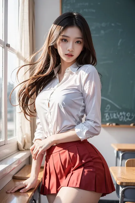 Beautiful Asian woman, white blouse, black bra, red miniskirt, in classroom