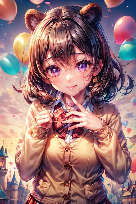 {worst quality, low-quality}, ((Close-up)), ((face focus)), ((Kemonomimi girl with black bear ears:1.2)), Alone, ((Black hair short:1.3)), plump and glossy lips, (Beautiful purple eyes:1.3), spoken word heart, (best smile), (Cute Pose:1.2), (school uniform...