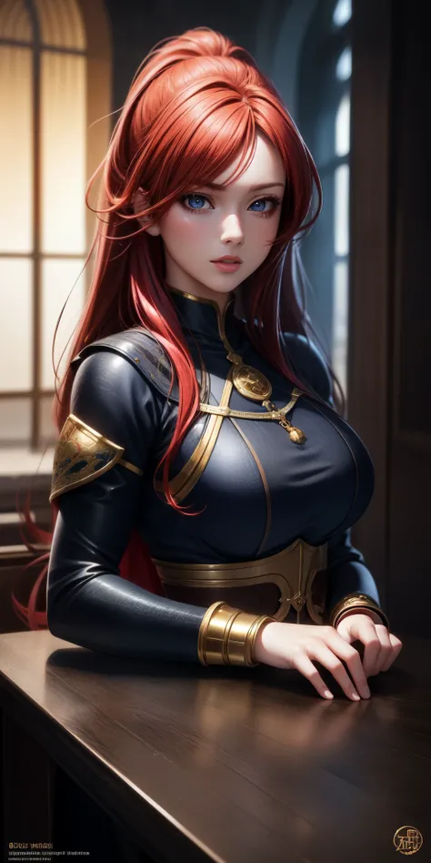 best quality, ultra high resolution, (photorealistic), anime character, 8k resolution, girl, medieval, random red hair, (realistic hair), (realistic eyes), beautiful eyes, beautiful mouth, medium breasts, perfect body, ((photo bust and face))