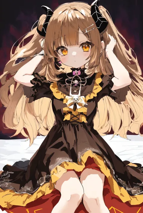 Anime girl with horns and a dress with a skull on it, in bed ((light brown hair))( in dress, gothic maiden anime girl, cute anime waifu in a nice dress, anime moe artstyle, anime girl wearing a black dress, nightcore, (anime girl), anime style 4 k, little ...