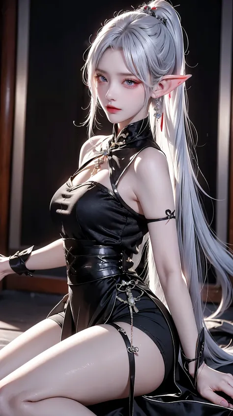 scary and beautiful vampire, fangs, long white hair, beautiful lips, red eye, elf ears,she has white hair，double ponytail hairst...