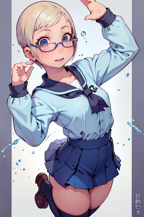 masterpiece, best quality,1girl,young girl, slate_blue eyes, medium blonde, buzz cut,joyful _face,shiny skin,flat chest, looking at viewer,from front,upper body,japan hischool uniform,glasses,jumping