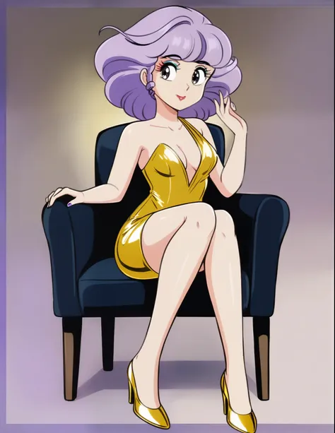 creamymami, purple hair, drill hair, retro artstyle, makeup,short hair, 
solo,looking at viewer, smile,metallic gold evening dre...