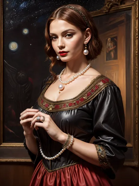 Natalie, Oil painting, Renaissance, Leonardo da Vinci style, model, modern style, modern clothing, pop star, cool, short hair red color pearl necklace, earrings, modern makeup, red lipstick, Starry night, dress with black stars, ring, defined strokes  