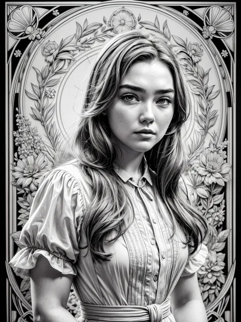 masterpiece, line art of a female character, Florence Pugh shocked expression, detailed country garden background, Art Deco designs,, style by double exposure, no shading, for coloring page, white space, no shadowing,