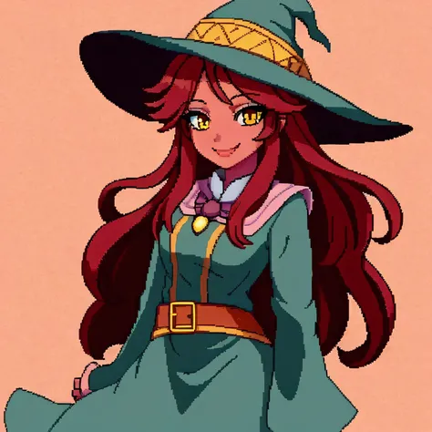 High quality a witch girl, with pastel brown clothes, with long red hair, yellow eyes, light skin, smile.