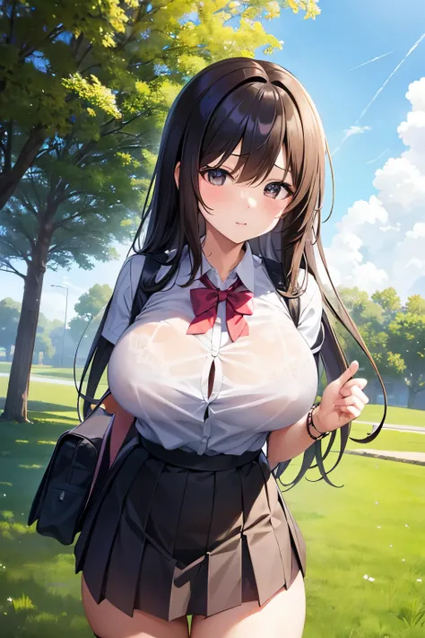 Anime Girls with big breast posing in a field with a backpack, a hyperRealistic Elementary school girl, , hyperRealistic Elementary school girl, Realistic Elementary school girl, Elementary school girl, tits, Big Breasts!!, beautiful anime high Elementary ...