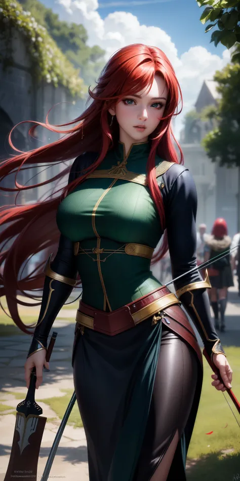 best quality, ultra high resolution, (photorealistic), anime character, 8k resolution, girl, medieval, random red hair, (realistic hair), (realistic eyes), beautiful eyes, beautiful mouth, medium breasts, perfect body, (face only), green, archer, (((thin))