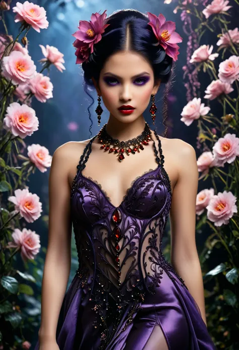 A striking black-haired young vampire, adorned with a vibrant flower, is positioned in a dynamic pose amid a dark and mysterious backdrop of blurred flowers. Her clear, detailed face is highlighted by a rich, intricate purple gown made from layers of satin...