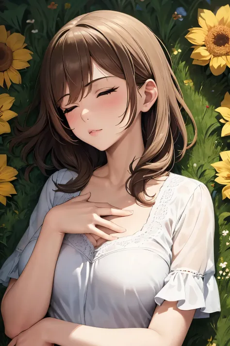 best quality, masterpiece, 1girl, mature, old woman, solo, eyes closed, lying, hands on chest, aged woman, mature face, milf, brunette hair, side part, medium hair, long hair, white dress, lying, upper body, flowers, fully covered, lying on flowers