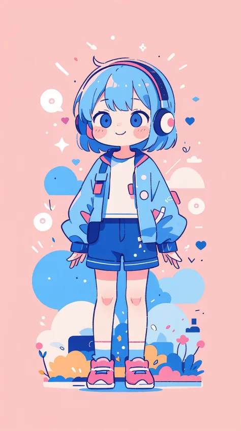 pop、bright、colorful, 1 female, Light blue hair,　short hair、Happy,cute, animation style, kawaii, clearly, colorful cyberpunk, bubblegum pop, cute、Pink and light blue as main colors, Headphonesをしている、Headphones、whole body, entire body, standing, simple backgr...