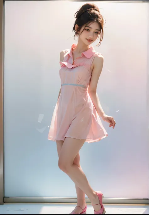  Ultra-high resolution，High-resolution details，Photo realistic,((Frosted Glass Portrait:1.4)),22 years old,1 girl,((Half-up chignon hairstyle with Uniqlo collared light pink dress:1.4)),((Smiling with teeth showing)),8k,((Face Focus:1.2)),thinウエスト,thin脚,Sa...