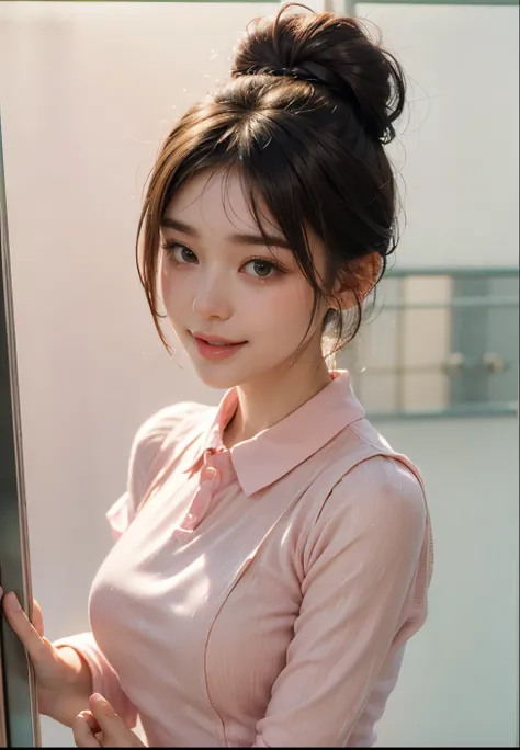  Ultra-high resolution，High-resolution details，Photo realistic,((Frosted Glass Portrait:1.4)),22 years old,1 girl,((Half-up chignon hairstyle with Uniqlo collared light pink dress:1.4)),((Smiling with teeth showing)),8k,((Face Focus:1.2)),thinウエスト,thin脚,Sa...