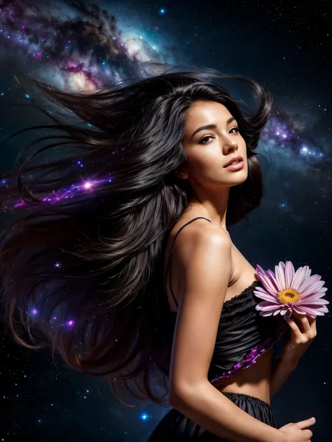 (best quality, masterpiece), 1girl, pose, particle, wind, flower, upper body, simple background, looking at viewer, black wildly hair, cosmic, nebulas, galaxy