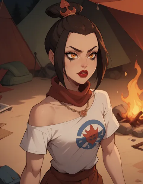 Azula. black mascara and red lipstick.  wavy dark brown hair down to the middle of the back with two additional strands above the shoulders. amber eyes. necklace. camp. tent. fire. night. breeches. undershirt. red scarf