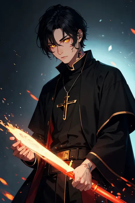 Male priest, red tattoos with black hair and glowing yellow eyes 