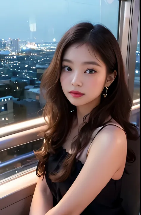 1womanl、Early 20s、(Strong-willed super beauty)、(ultra beautiful faces)、(natta)、Wearing makeup、Wavy brown hair、Sitting in the seat of the Ferris wheel、Night view of the city from the window、Shallow depth of field