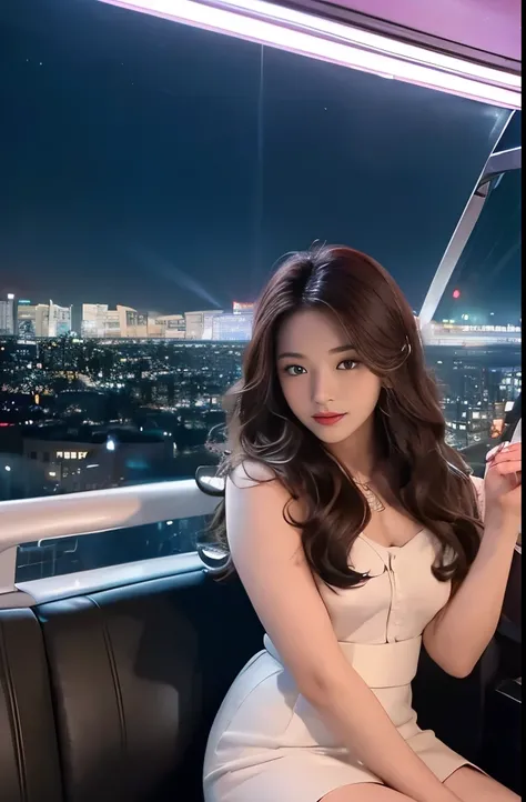 1womanl、Early 20s、(Strong-willed super beauty)、(ultra beautiful faces)、(natta)、Wearing makeup、Wavy brown hair、Sitting in the seat of the Ferris wheel、Night view of the city from the window、Shallow depth of field