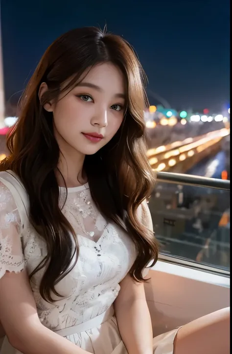 1womanl、Early 20s、(Strong-willed super beauty)、(ultra beautiful faces)、(natta)、Wearing makeup、Wavy brown hair、Sitting in the seat of the Ferris wheel、Night view of the city from the window、Shallow depth of field