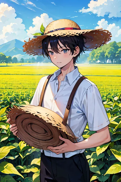 Straw hat boy　Columbia　Coffee bean harvest　Coffee bean field