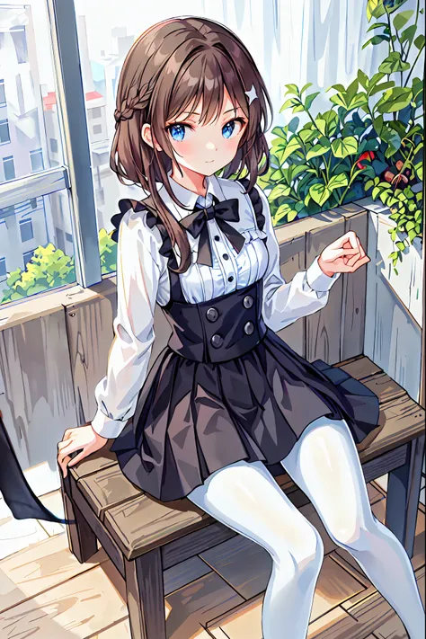 Best Quality, masterpiece, High resolution, (Head to Toe full body), Front, FrontややFrom belowの構図, Symmetric, Tall 18 year old, Alone, (Head to Toe), (Small breasts), Gaudy brown hair, bangs, (Black tights), (Black pantyhose), (Sit with your legs apart), (C...