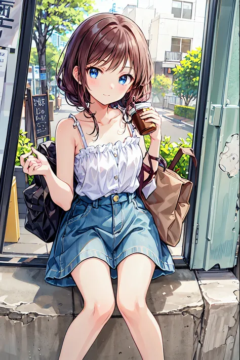 There is a young girl holding a cup of coffee in her hand., Pretty girl - well-groomed face, Cute natural anime face, Cute - Well-balanced - Face, Sakimi-chan, Chiho, Yoshitomo Nara, Young and pretty face, camisole，Trendy clothes, Wearing the latest fashio...