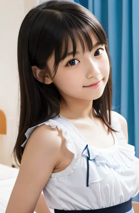 ((Best Quality)), ((Photo quality)), (Perfect Face),(delicate),,Elementary school students,Small breasts,Thin arms,Slender body,Upper Body,bedroom,bed,Black Hair,Clear,Maid uniform,frills