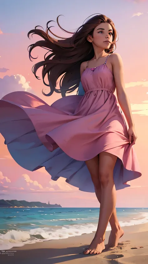 beach, 1girl, 25 years old, ocean, solo, long hair, day, sand, dress, outdoors, brown hair, barefoot, pink dress, sky, shore, wind, water, standing, bokeh, blue sky