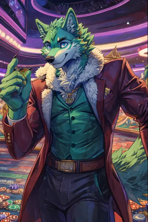 masterpiece,High quality,furry,male,(odd-eyed wolf who is a dealer at a casino),green fur,happy face,casino,dealer,perfect background,dynamic,one person