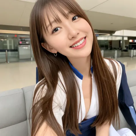 Show me the woman who amazes everyone..、Fitted navy blue striped pattern、The collar should be opened wider、Looking up from the waist、shortcut、Bob hair、He looks very Happy、Look straight ahead with a bright smile、Hands crossed、Lips a bit sharp.、My bangs are ...