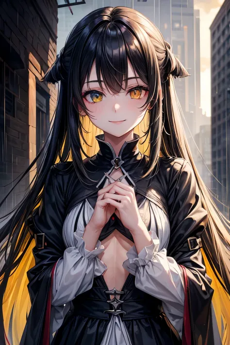 (masterpiece, Best Quality:1.2),KC Village Rain,Red Eye,Yellow Eyes,Heterochromia,Long Hair,Seraph of the Black, Asymmetrical clothing, Alone,One girl, smile, View your viewers,chest, 