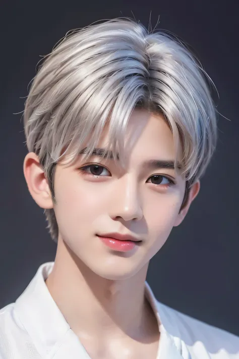 1 male、8K、Best Quality、masterpiece、(head shot)、(Simple Background)、(Wearing dog ears:1.23)、Short Hair、White Hair、(Realistic skin texture:1.1)、Side Shot、Half Smile