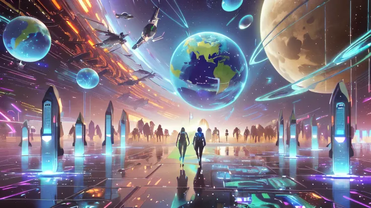 arafed image of a group of people in a futuristic space setting, many beings walking about, greg beeple, populated with aliens and people, ascending universes, style hybrid mix of beeple, psychonaut universe, in the multiverse, energetic beings patrolling,...