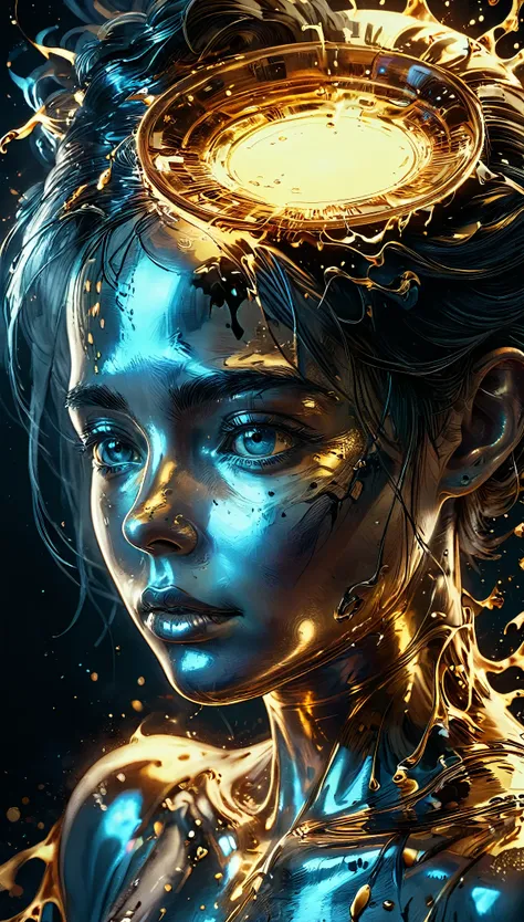 shiny metal, a container of liquid metal pouring out and forming a face, Artistic Image, masterpiece, HD, 8k, cinematic lighting, Highly detailed, photorealistic, dramatic shadows, intricate details, dark atmosphere, Dynamic composition, complex textures, ...