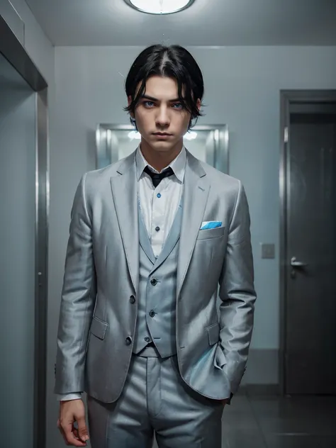 ((black haired boy with silver tones, He had light blue eyes. cold and menacing look, with an elegant suit)) 