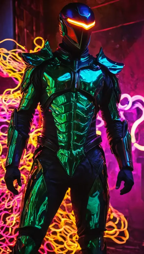 The *Radiant Veil* prowls through the remnants of a darkened, forgotten city, his entire form encased in sleek, cutting-edge armor that blends fluid design with sharp, jagged edges. The suit is a deep, iridescent black, with neon veins of pulsating colors—...