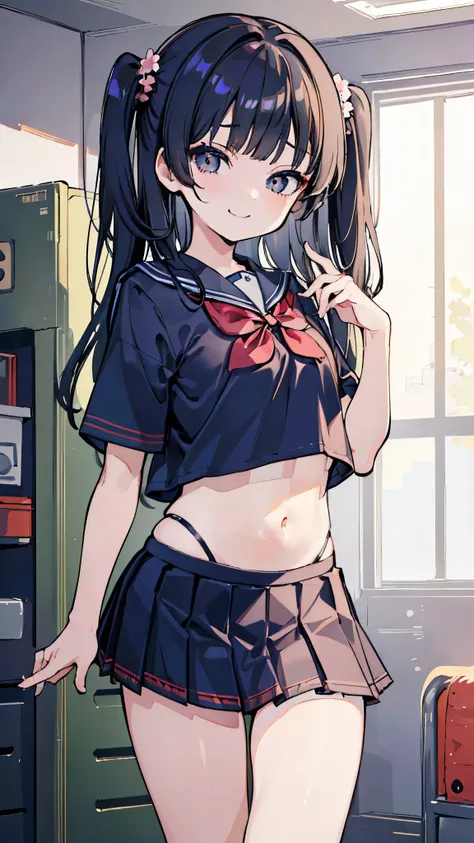 ((masterpiece、Best Quality、Very detailed))、One girl、Black Hair、Long Hair、Two Side Up、blunt bangs、Grey Eyes、evil smile、Small breasts、((school uniform))、Short sleeve、belly button、((Navy blue pleated skirt))、((micro miniskirt))、Cowboy Shot、Gym storeroom