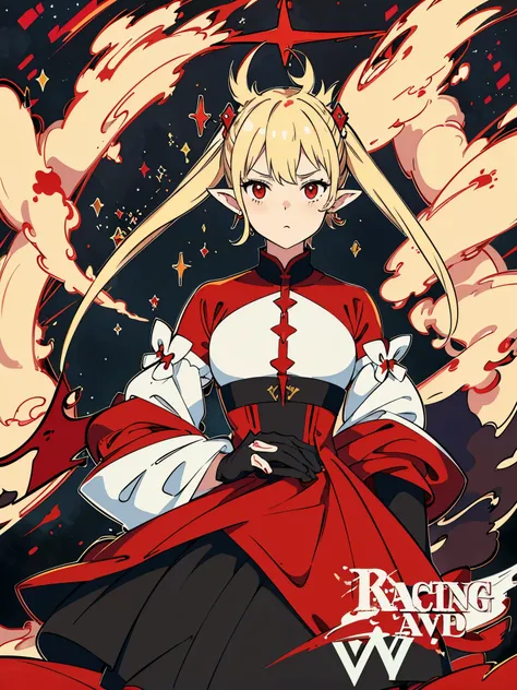 Blonde, Red eyes, Twin tails, Pointy Ears, Food, Decorative art, abstract expressionism, Anatomically correct, Rotated, Sparkle Effect, moving line, dress,黒いdress,