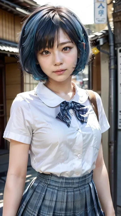  (Blue inner color hair、((Very Very Short Hair:1.5、Cecil Cut:1.5)、Blue Eyeshadow:1.3)、boyish:1.3)、(View from the front:1.5)、whole body:1.5、(Tokyo Street)、(Realistic、As shown in the picture、live-action、8k, Realistic, RAW Photos, Highest quality: 1.4), SLR c...