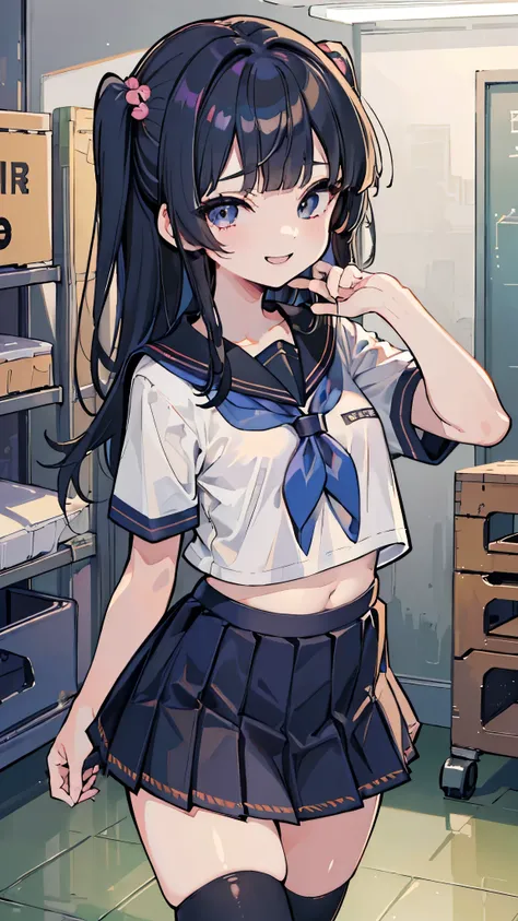 ((masterpiece、Best Quality、Very detailed))、One girl、Black Hair、Long Hair、Two Side Up、blunt bangs、Grey Eyes、evil smile、Small breasts、((school uniform))、Short sleeve、belly button、((Navy blue pleated skirt))、((micro miniskirt))、Cowboy Shot、Gym storeroom