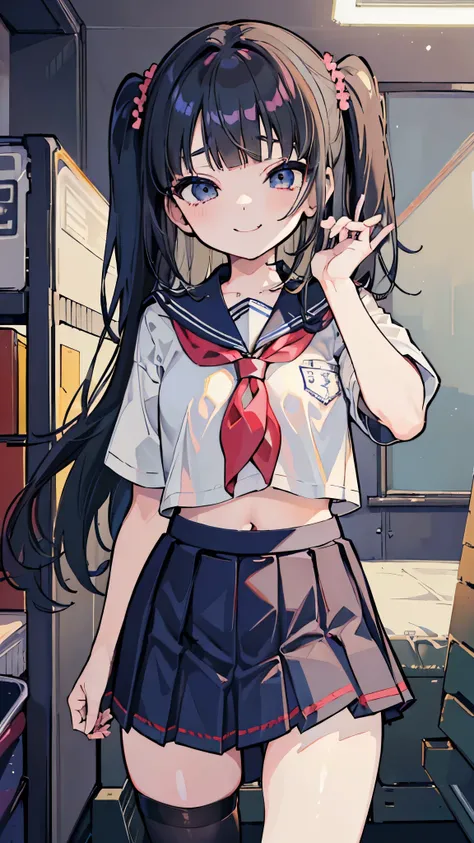 ((masterpiece、Best Quality、Very detailed))、One girl、Black Hair、Long Hair、Two Side Up、blunt bangs、Grey Eyes、evil smile、Small breasts、((school uniform))、Short sleeve、belly button、((Navy blue pleated skirt))、((micro miniskirt))、Cowboy Shot、Gym storeroom