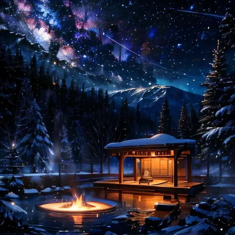 Rosidere　Arya　Silver Hair　Long Hair　hot spring　Completely naked　Milky Way Galaxy　night　Snow Scene　Front