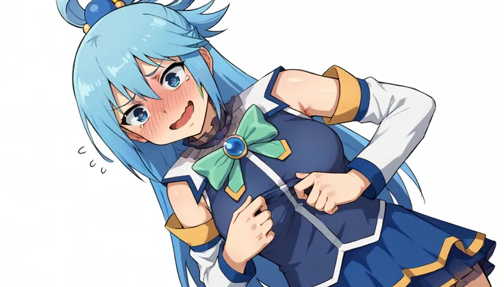 1girl, aqua (konosuba), score_9, grumpy, Alone, ((blush)) , (flushed face), (is embarrassed), (is embarrassed), ((hand on shest)), mouth open, (frightened eyes) , (lift the skirt between the legs with your hand),(absolutely white background) ) , clothes pu...