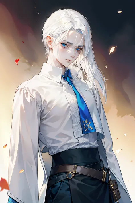 His hair was completely white, the color of his skin as pale as his hair itself. The only colors one could see on his face were his lips and the edges of his eyelids, which seemed to blush from his seemingly bright blue eyes.

Behind his clothes was a perf...