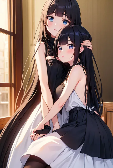 a loving gaze between two girls, holding hands, face to face, blushing, blue eyes, black long hair, white socks, black headpiece, gazing into each others eyes, arm around waist, around the same age, (best quality,4k,8k,highres,masterpiece:1.2),ultra-detail...