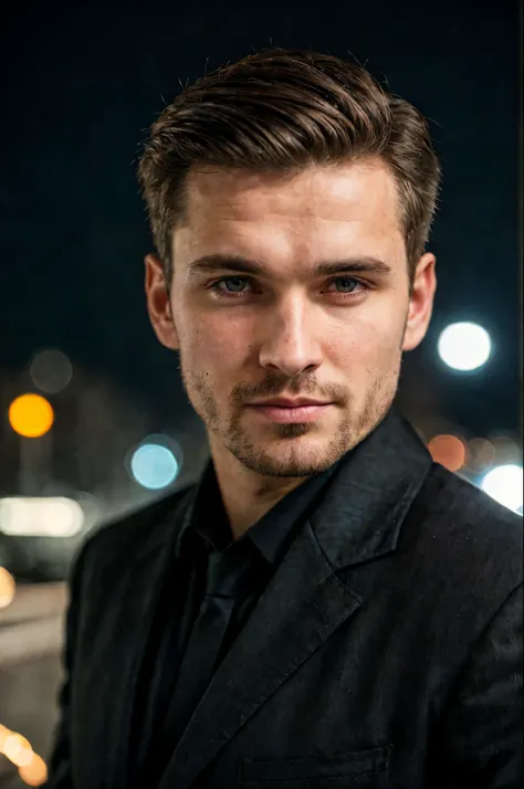 closeup face photo of caucasian man in black clothes, night city street, bokeh