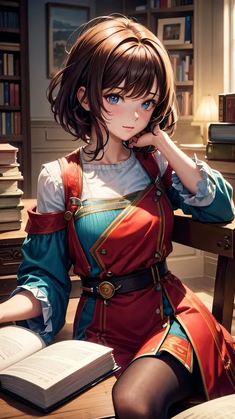 Vibrant Colors, Female, 16, Masterpiece, Sharp Focus, Best Quality, Depth of Field, Cinematic Lighting, ((Solo, One Female)), (Illustration, 8k CG, Extremely Detailed), Brown hair, sitting on a chair with books on the table, looking at the camera,
