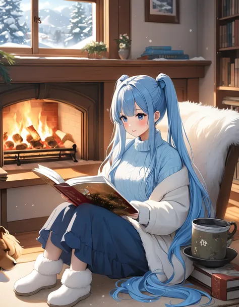 Light blue long hair、Beautiful girl with twin tails、Snow outside the big window、reading a book in front of a fireplace in a bright room、My dog is sitting in front of the fireplace、